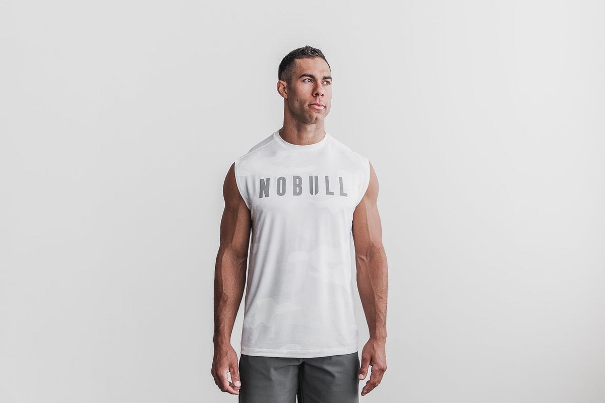 Nobull Sleeveless Men's T Shirts White Camo | Australia (SE7253)